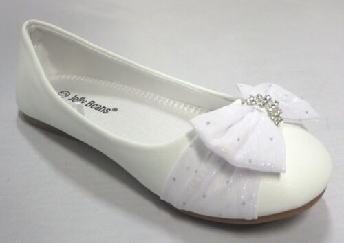 Coca Girls Flats w/ Chiffon Bow Youth Flower Girl White Dress Shoes 