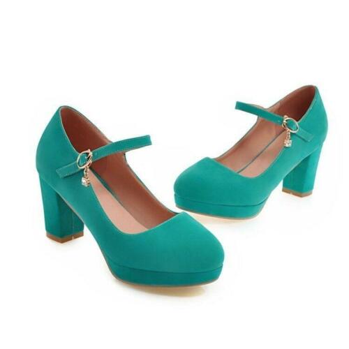 Womens Ankle Strap High Heels Round Toe Faux Suede Sandals Mary Jane Shoes Pumps