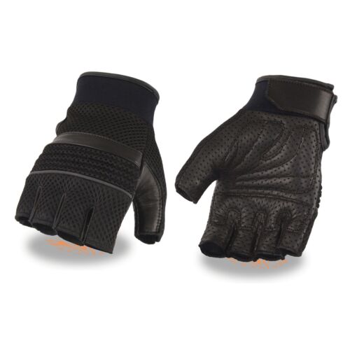 Men's Leather & Mesh Fingerless Gloves with Gel Palm Reflective Piping **MG7504 