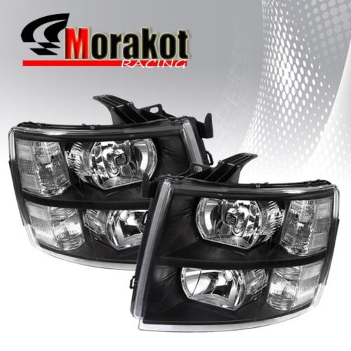 For 07-13 Chevy Silverado Driver/Passenger Black Headlights Clear Reflector Lamp