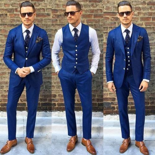 Royal Blue 3 PCS Men Suit Slim Fit Groom Tuxedos Formal Bridegroom Wedding Suit