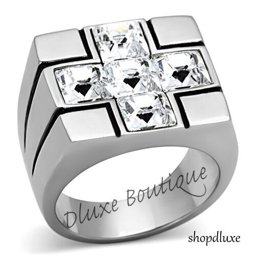 MEN'S PRINCESS CUT SIMULATED DIAMOND SILVER STAINLESS STEEL CROSS RING SIZE 8-13 