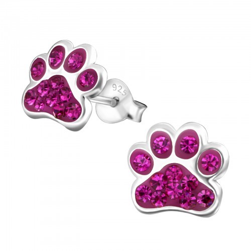 Plata esterlina 925 Rosa Fucsia Cristal Paw Print Zarcillos 9x9mm Y Caja De Regalo
