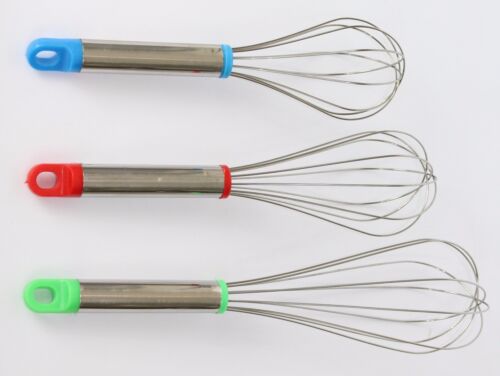 Stainless steel Whisks with 3 colours plastic ends Set of 3 and single piece