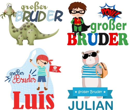 Bügelbild Applikation großer Bruder mit Namen für alle Farben Pirat Dino Auto