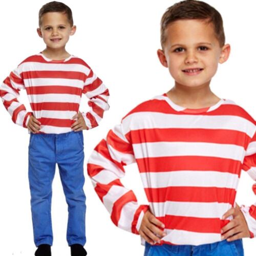 Boys Girls Red and White Striped Top Fancy Dress Kids Book Week Age 4-12 Years