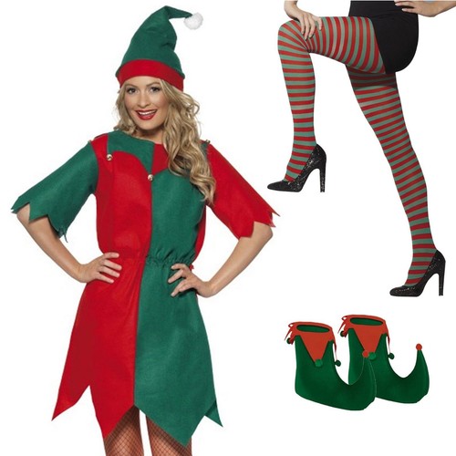 Ladies Women ELF Costume Tights Christmas Fancy Dress Party Xmas Gift Boots