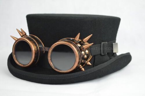 Junior Top Hat DeadMan Top Hat Classic 100/% Wool Steampunk Goggles Hand Made