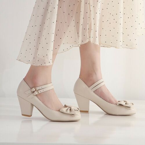 Details about  / Ladies Bowknot Lolita Round Toe Shoes Mary Jane Ankle Strap Block Cosplay Heels