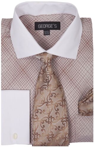 Homme Plaid//contrôles Robe Chemise avec Cravate et Mouchoir Set french cuff AH624
