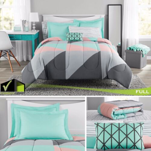 8 PCS BEDDING SET Gray and Teal Bed in a Bag FULL Size Comforter Sheets Cases