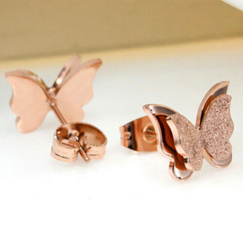 Fashion Women Girls Frosted Butterfly Rose Gold Stud Earrings Jewelry 6A 