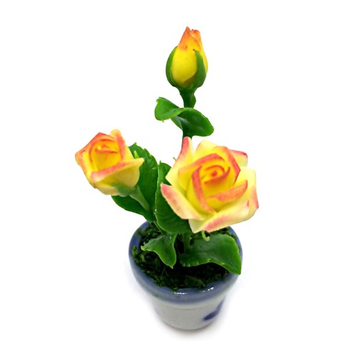 Yellow ฺBig Rose Clay Flower Ceramic Pot Dollhouse Miniature Tiny Handmade