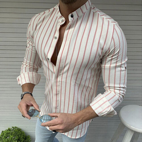 Mens Stripe Dress Shirt Long Sleeve Button Up Stylish Casual Summer Tops T Shirt