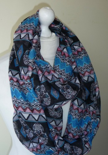 Blue Black Cowl Infinity Scarf Skull Triangle Print Oversized Long Wide Circular