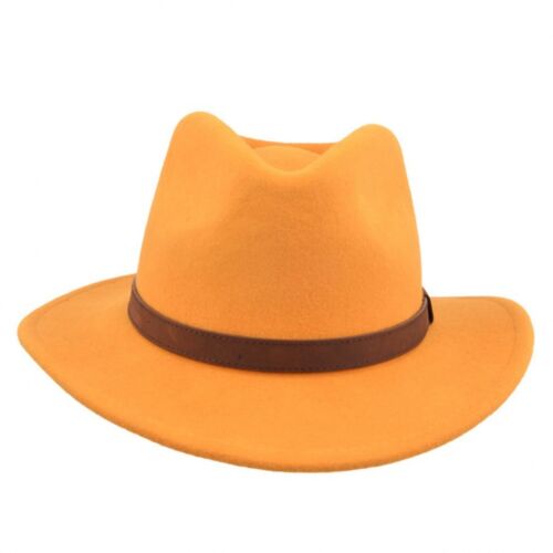 Gents Crushable Mustard 100/%Wool Felt Trilby Fedora Hat With Leather Type Band
