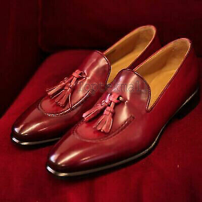 Details about   Handmade Men's Leather Stylish Loafer Tassel burgundy Color Dress New Shoes-241 