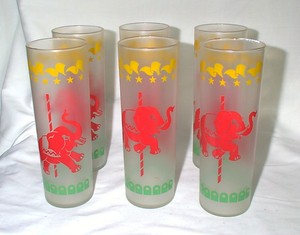 Vintage-Libbey-Carousel-Glasses-Red-Elephant-Circus-Tumblers-SIX-Merry-Go-Round