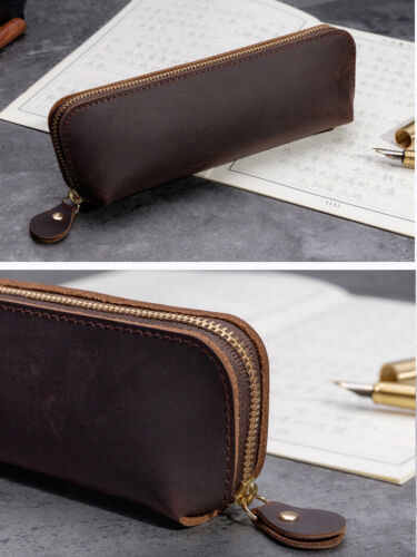 Handmade Cowhide Leather Vintage Zipper Pen Pencil Case Stationery Storage Bag 