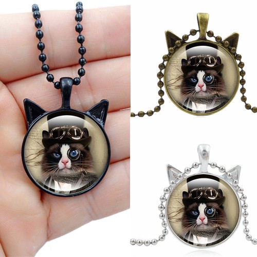 Cabochon Steampunk Gläser Katze Foto Glas Bronze Schwarz Anhänger Halskette