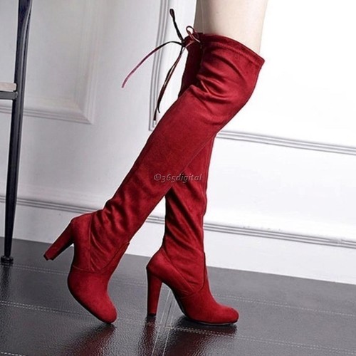 Frauen Casual Lace Up Solide High Heel Stretch Schlank Overknee Stiefel 35DI