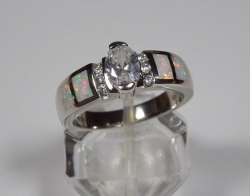 8 White Topaz /& Fire Opal Inlay 925 Sterling Silver Ring Size 6 9