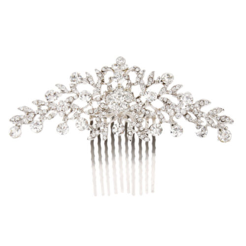 Bridal Wedding Party Flower Leaf Diamante Rhinestone Hair Comb Slide Clip Silver