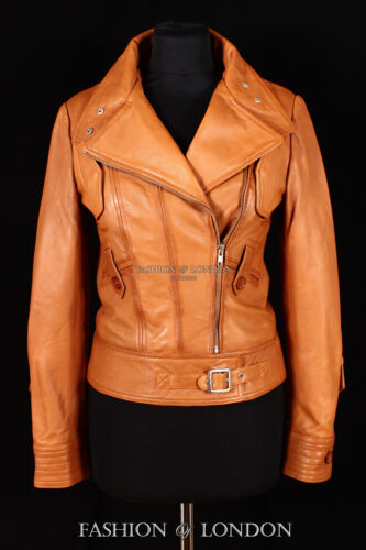 Ladies COSMOPOLITAN Tan Washed Lambskin Fitted Biker Genuine Leather Jacket 4110 