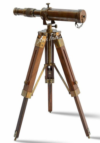 Antique Vintage Style Brass Telescope w Wooden Tripod Home Office Nautical Decor
