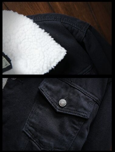 Men's Winter Warm Fur Jean Jacket Trucker Collar Fleece Lined Denim Coat 