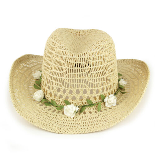 Straw Paper Cowboy Hat with Flower Garland by Hawkins
