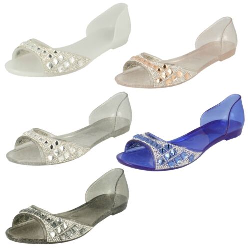 Ladies Spot On &#039;Open Toe Flat Ballerina With Jewelled Detailing&#039;