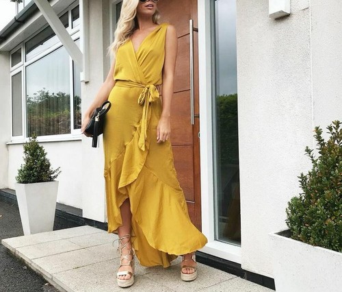 SILKFRED SILK FRED FLOUNCE LONDON WRAP FRONT MAXI DRESS FRILL YELLOW 12 8 40