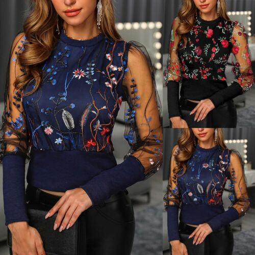 Fashion Women Tops O-Neck Long Sleeve Floral Embroidery Sheer Mesh Insert Blouse