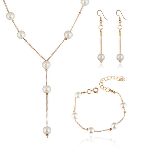 Imitation Pearl Necklace Earrings Bracelet Jewelry Set SimpleChoker Women GiftA*