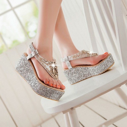 Bling Rhinestones Women/'s Flip Flops Wedge Heels Platform Thong Sandals Sz 34-47
