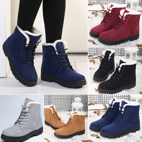 Women Ladies Flat Faux Lined Boots Ankle Lace Up Thicken Winter Warm Snow Shoes