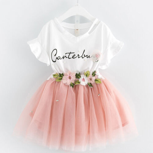 Tulle Tutu Skirt Outfit Clothes Kids Party Dress Girls 2pcs Set Tops T-shirt
