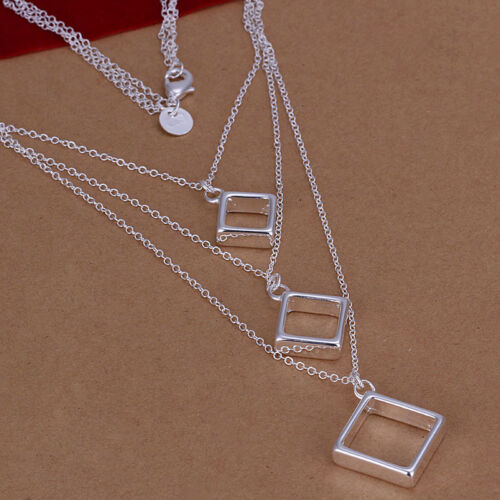 925Sterling Silver Jewelry Elegant Three Square Pendant Necklace 18inch N136
