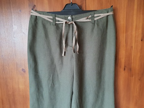 RRP £ 99-Wrap LONDON Verano Lino Pantalones Caqui Verde Pierna Ancha UK 14 20-Nuevos