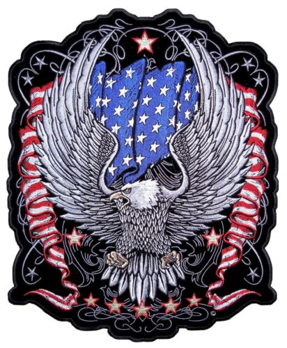 Medium Patriotic Silver Bald Eagle American Flag Stars Embroidered Biker Patch