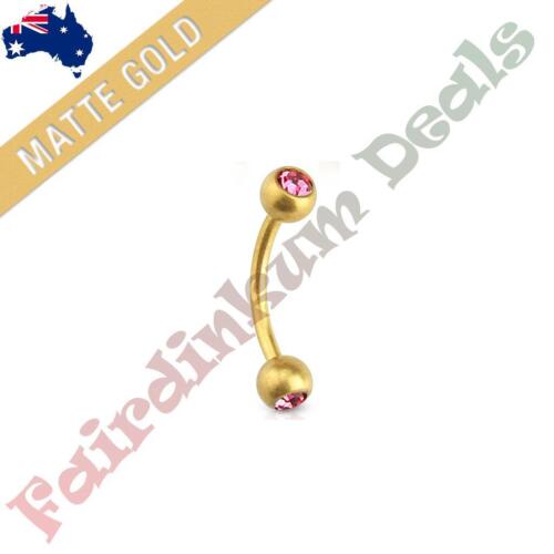 316 Surgical Steel Matte Gold Ion Plated Curved Eyebrow Bar with Pink Gem Balls 