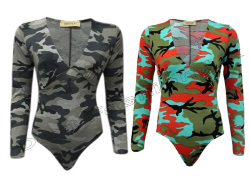 New Girls Celeb Look Ladies Camouflage Ruched V Neck Leotard Top Brand Bodysuit