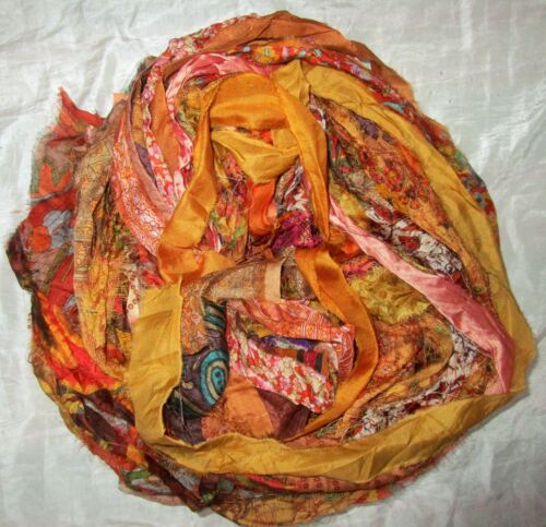 12 yards Unstitched Recycled PURE Silk Sari Ribbon Yarn tassels Brown Rust Skein 
