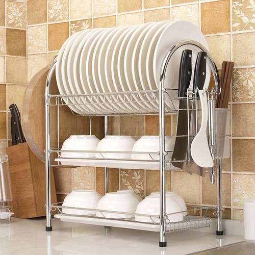 3 Tier Dish Drying Rack w// 2 Drip Tray Kitchen Organize Cutlery Shelf Drainer US