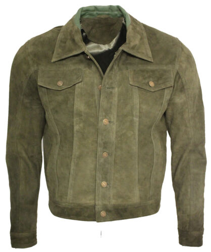 Men's Trucker Casual Khaki Goat Suede Leather Shirt Jeans Jacket 