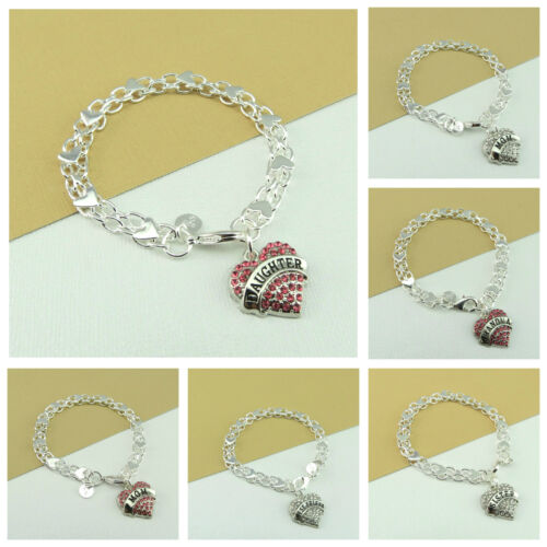925 Silver Plated HEART Braclet With Personalised GRANDMA DAUGHTER SISTER CHARM