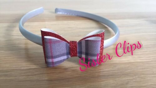 Handmade School red /& grey tartan gingham /& glitter bow hair Alice band