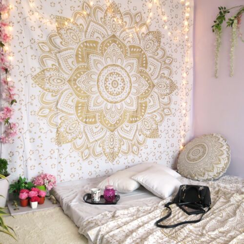 Wall Decor Hippie Tapestries Bohemian  Wall Hanging Indian Gold Mandala Tapestry 