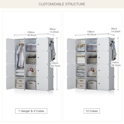 Portable Wardrobe Closet Cube Storage Armoire Plastic Dresser 3x4 Tiers White